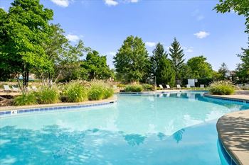 Large swimming pool surrounded by greenery